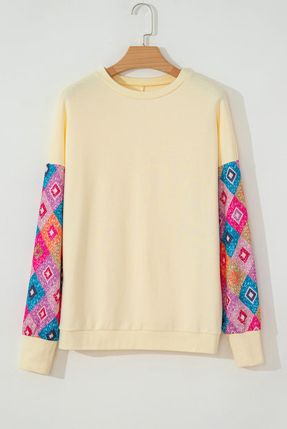 Apricot Geometric Printed Patchwork Long Sleeve Round Neck Top