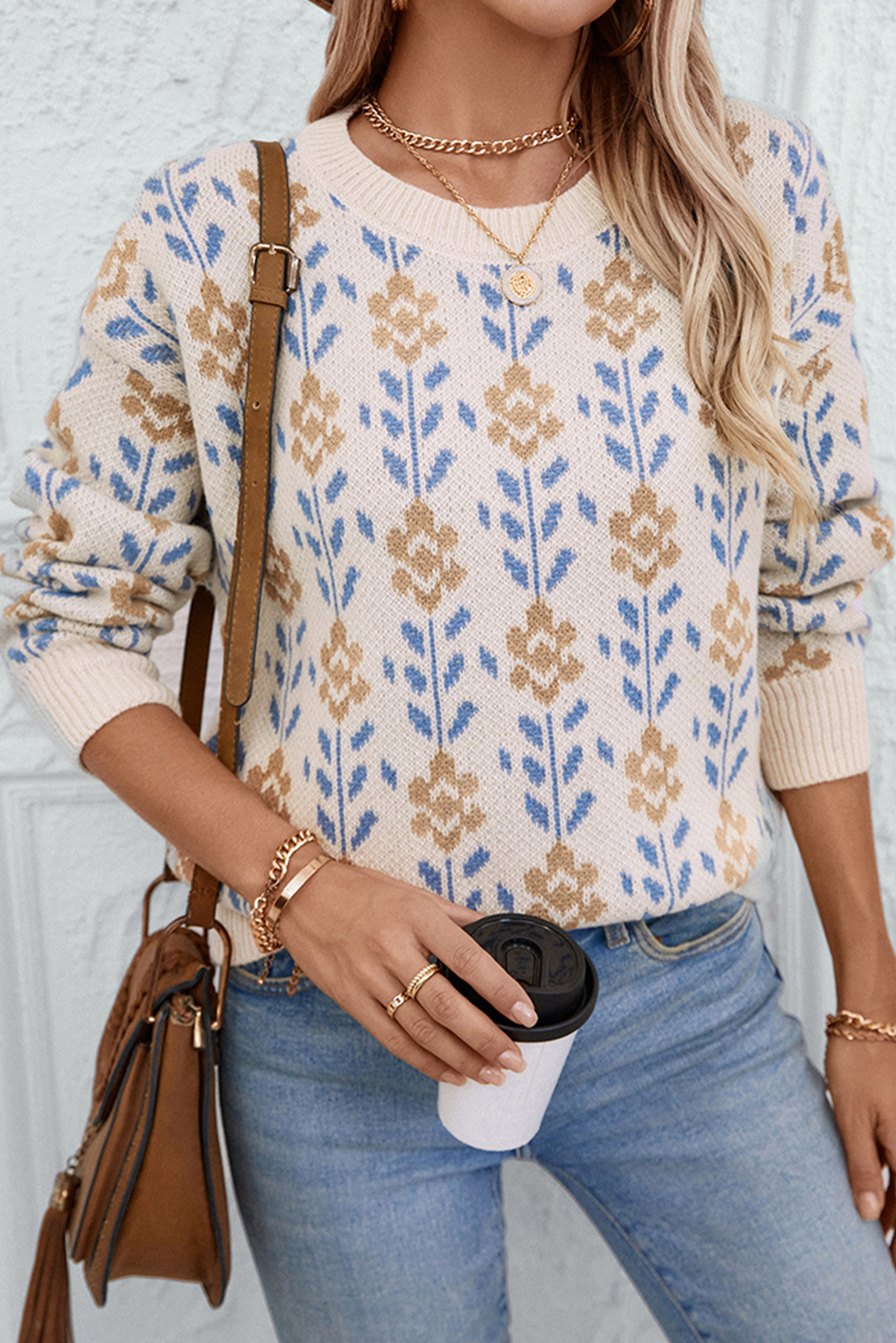 Apricot Floral Pattern Crew Neck Sweater