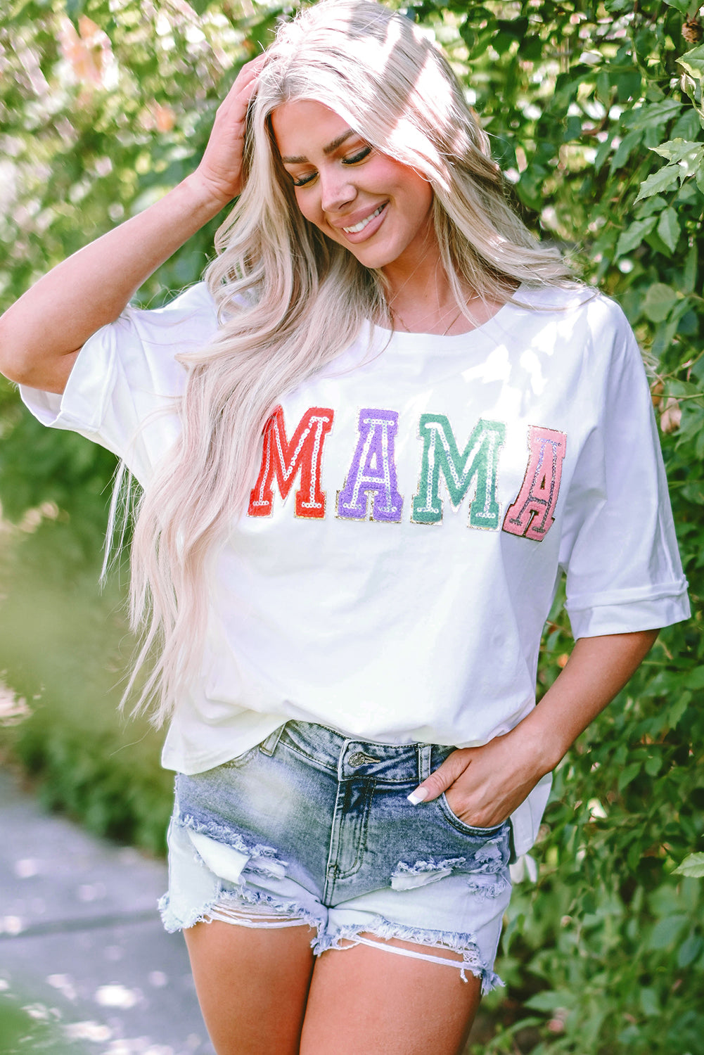 White MAMA Chenille Patched Crew Neck T Shirt