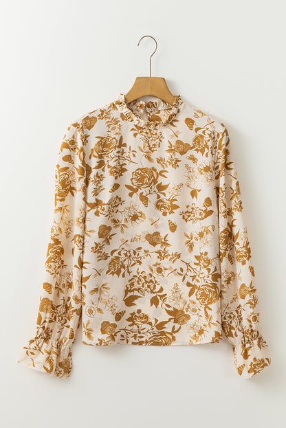 White Floral Print Frilled Neckline Flounce Sleeve Blouse