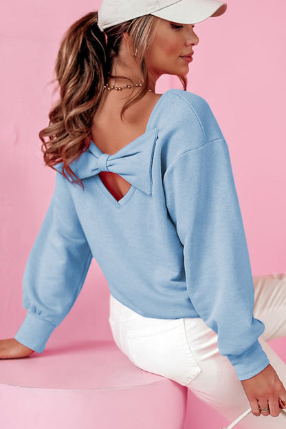 Sky Blue Bowknot Dewback Round Neck Sweatshirt