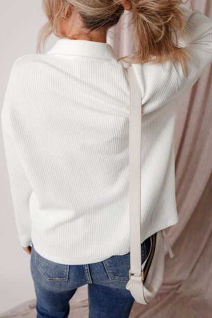 White Solid Color Corduroy Buttoned Long Sleeve Jacket