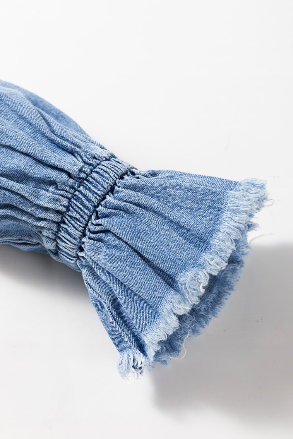 Sky Blue Frilled Raw Hem Half Buttoned Denim Top