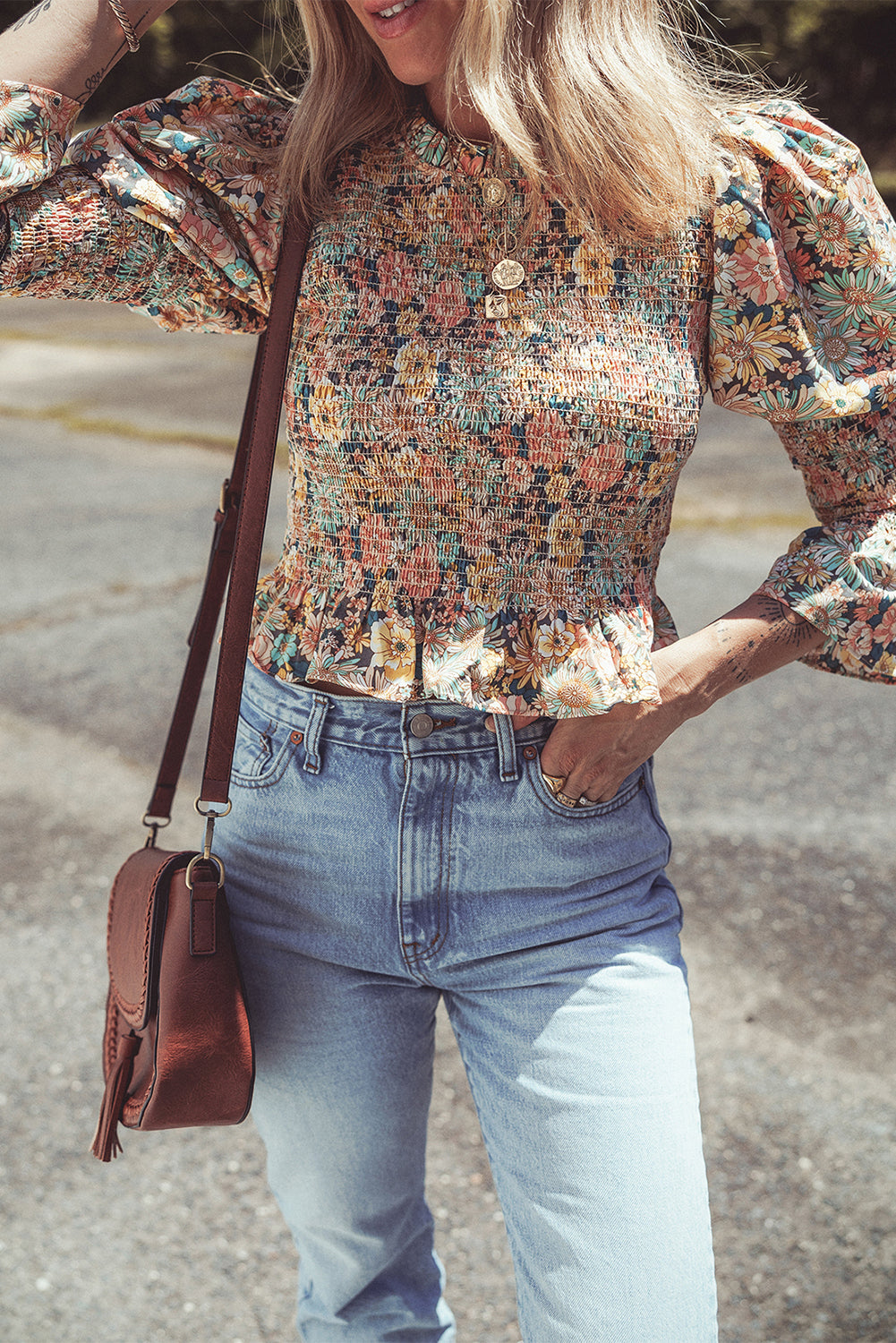 Yellow Floral Print Smocked Bubble Sleeve Ruffled Crop Top