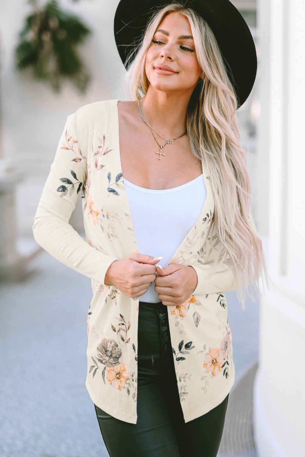 Apricot Floral Print Ribbed Knit Slim Fit Cardigan