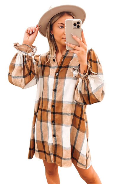 Khaki Plaid Pattern Collared Neck Ruffled Sleeve Shirt Dress