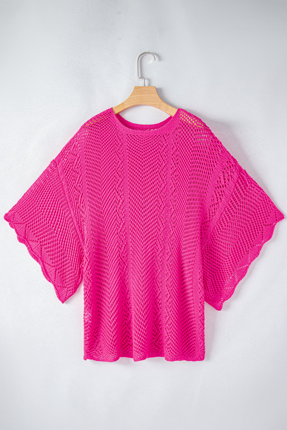 Rose Red Pointelle Knit Scallop Edge Short Sleeve Top