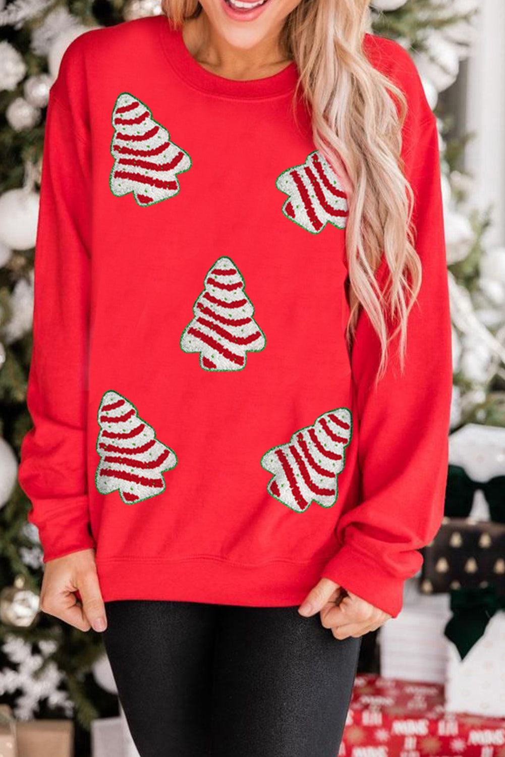 Red Playful Christmas Tree Patched Dropped Shoulder Sweatshirt