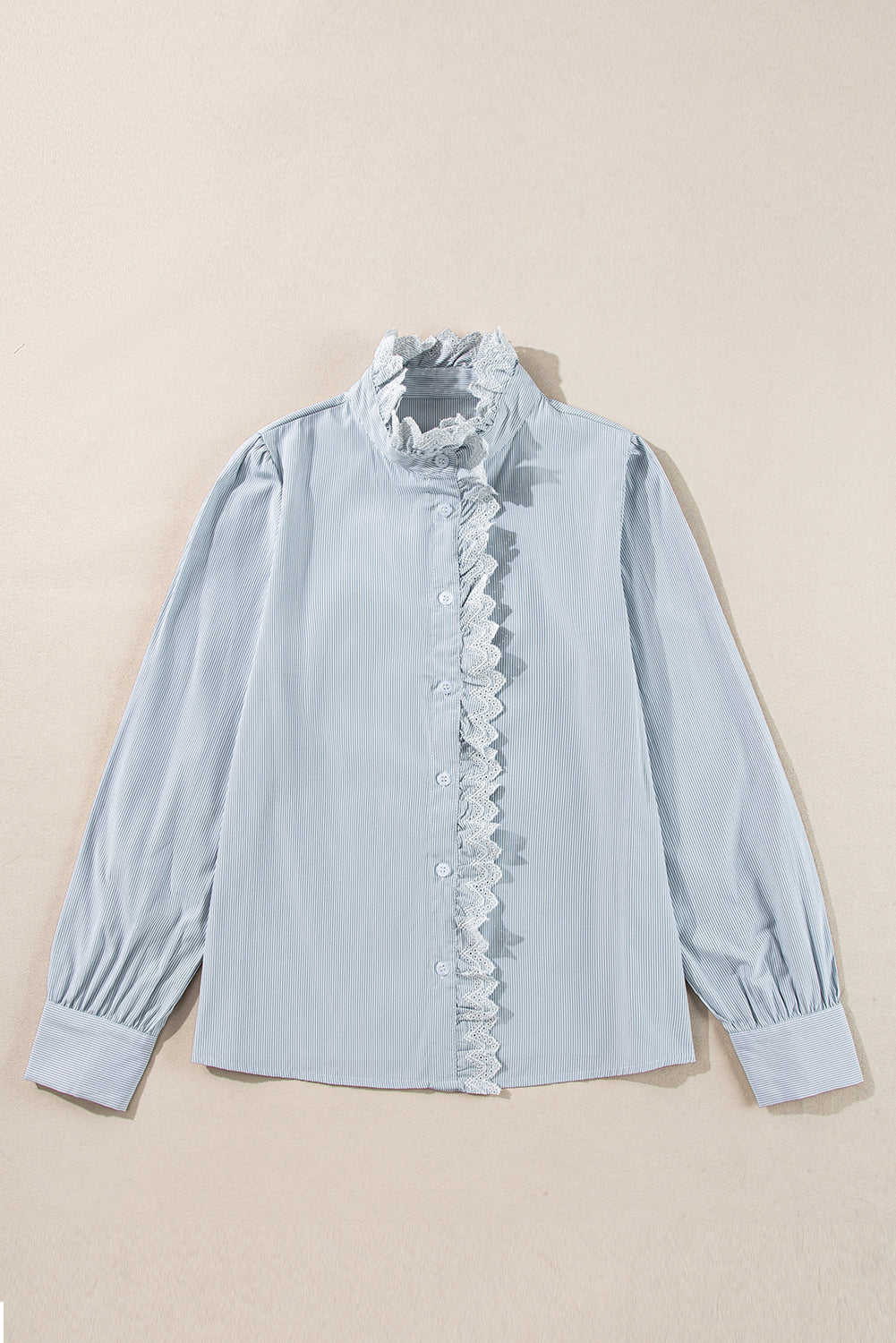 Sky Blue Stripe Frilled Trim Button Up Long Sleeve Shirt