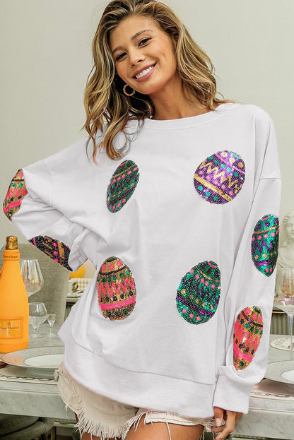 White Sequined Easter Egg Drop Shoulder Oversized Sweatshirt