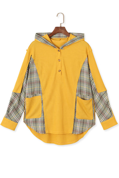 Yellow Waffle Knit Plaid Patchwork Pocketed Henley Hoodie