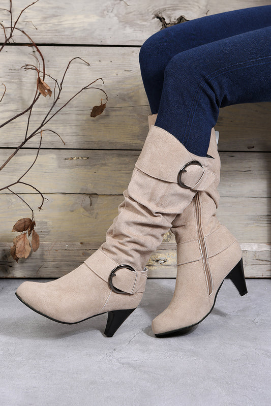 Beige Dual Buckle Strap Side Zip Heeled Mid Calf Boots