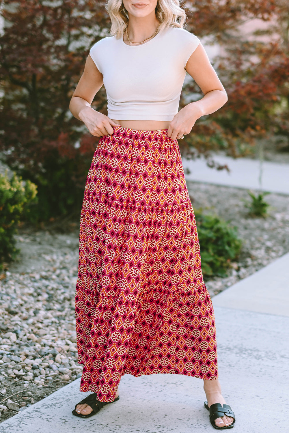 Rose Vintage Boho Floral Print Tiered Maxi Skirt