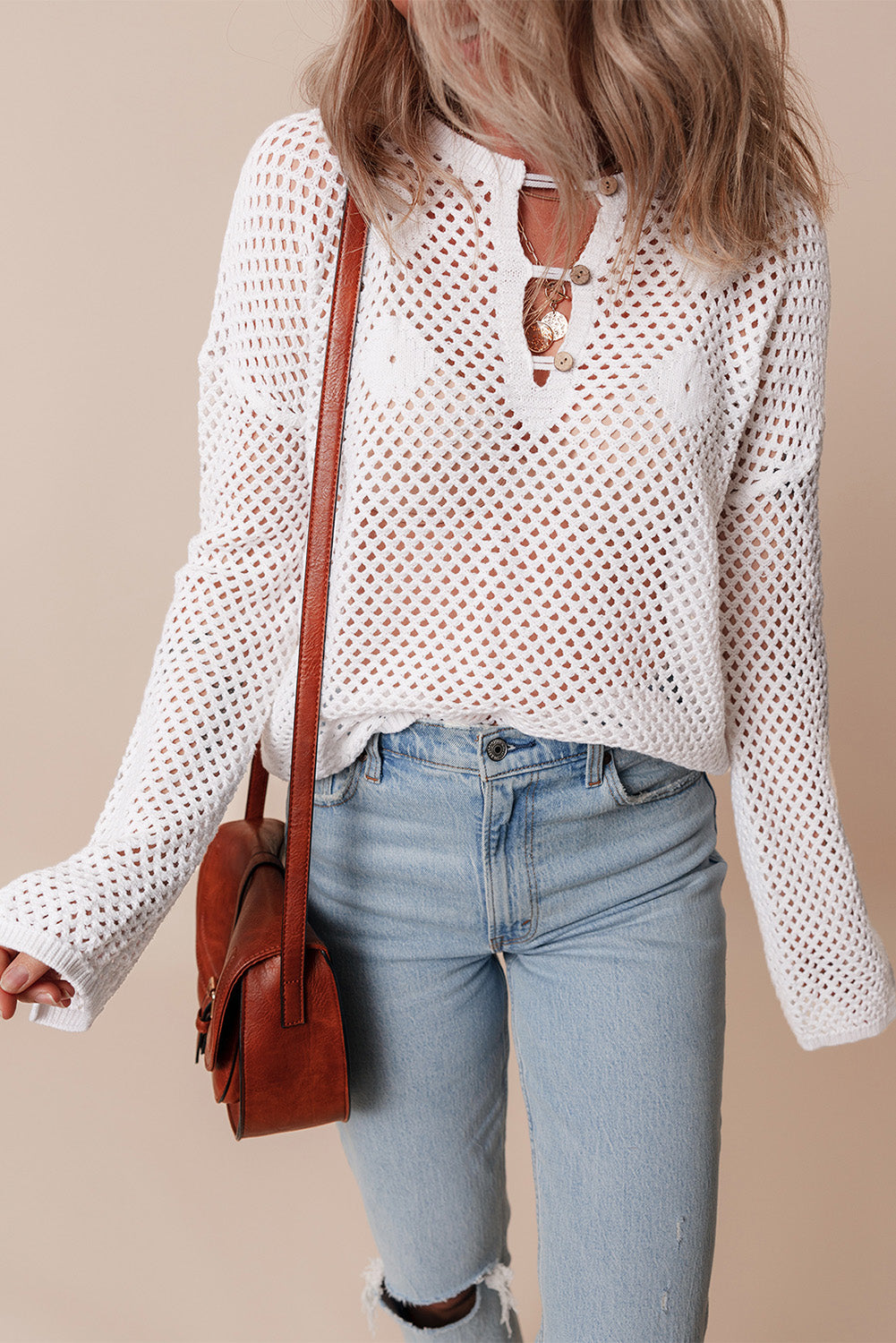 White Open Knit Buttoned Neck Split Sleeve Sweater