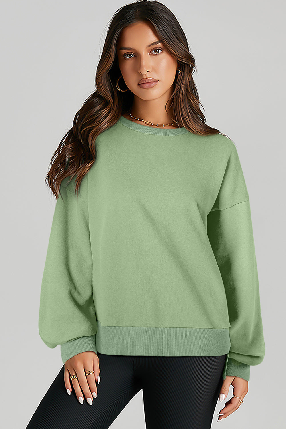 Smoke Green Solid O Neck High Low Hem Pullover Sweatshirt