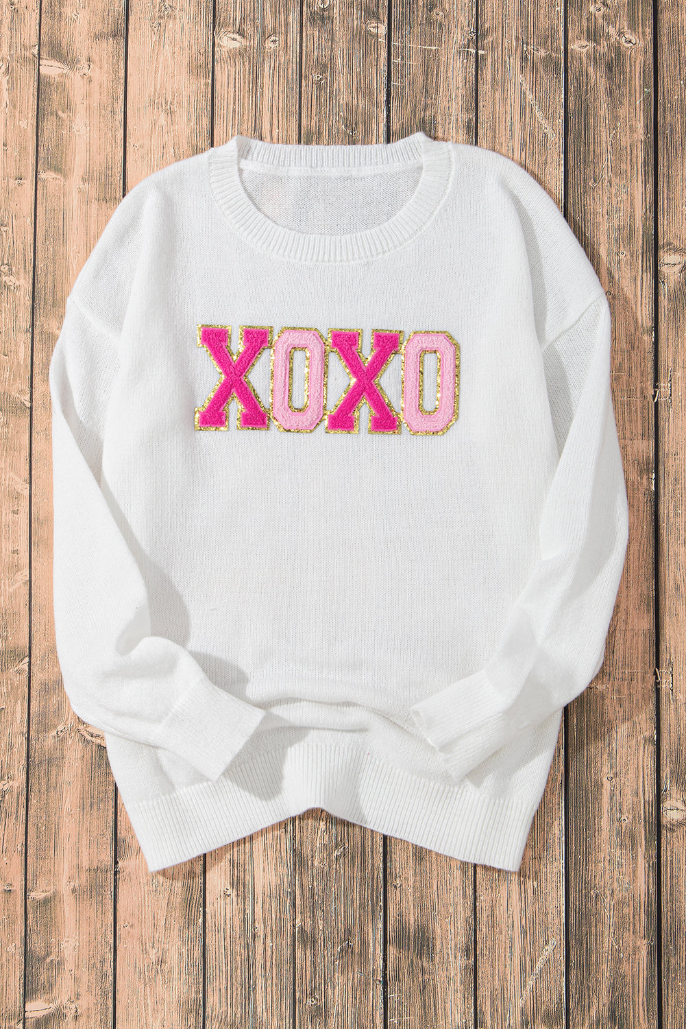 White XOXO Glitter Print Round Neck Casual Sweater