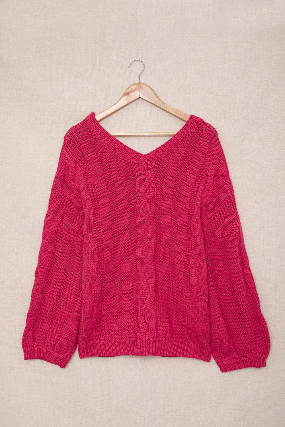 Rose Bubblegum V-Neck Braided Knit Sweater