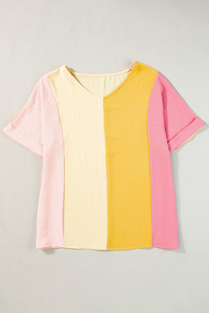 Apricot Crinkled Colorblock Patchwork V Neck T Shirt