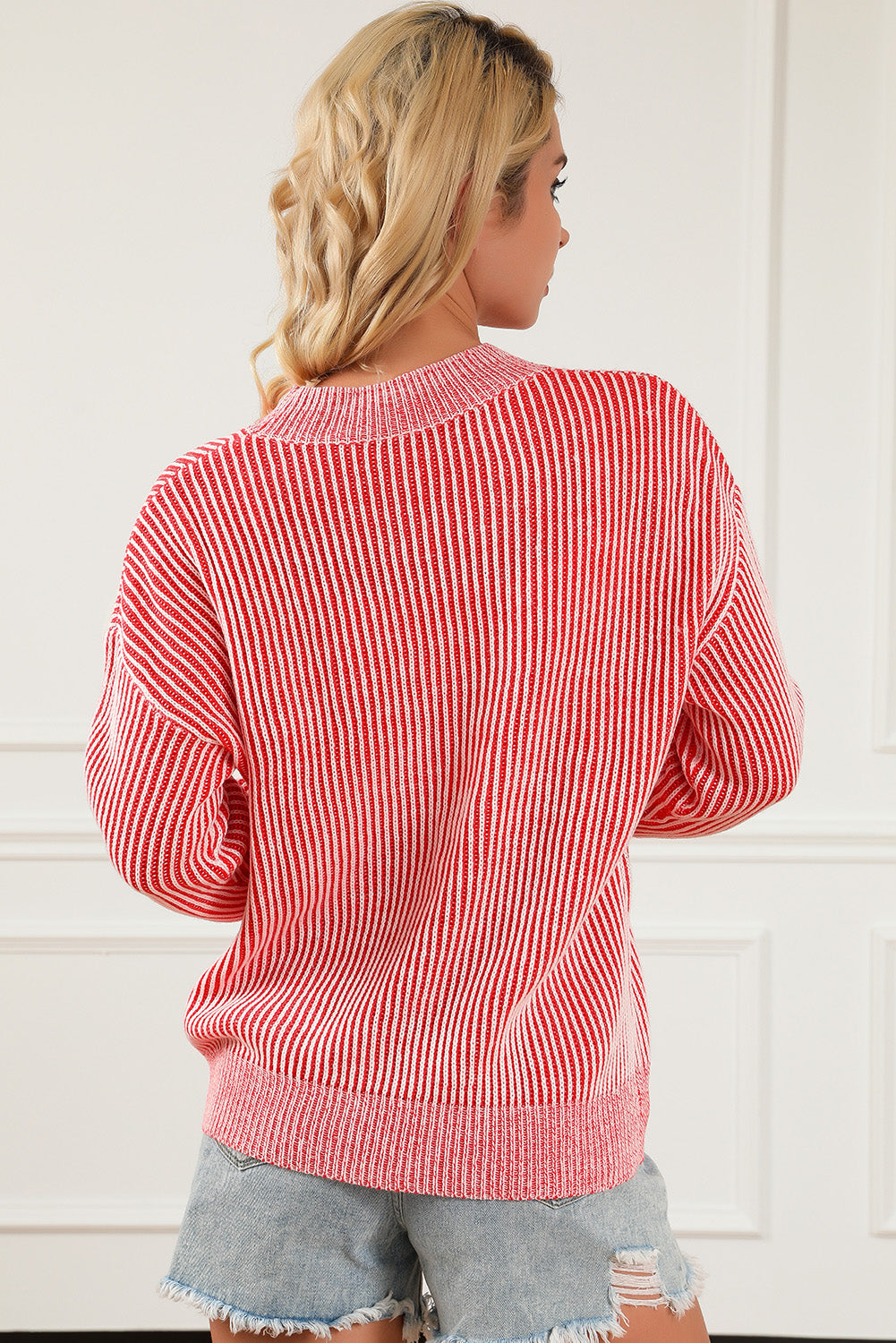 Striped Print Ribbed Trim Round Neck Sweater