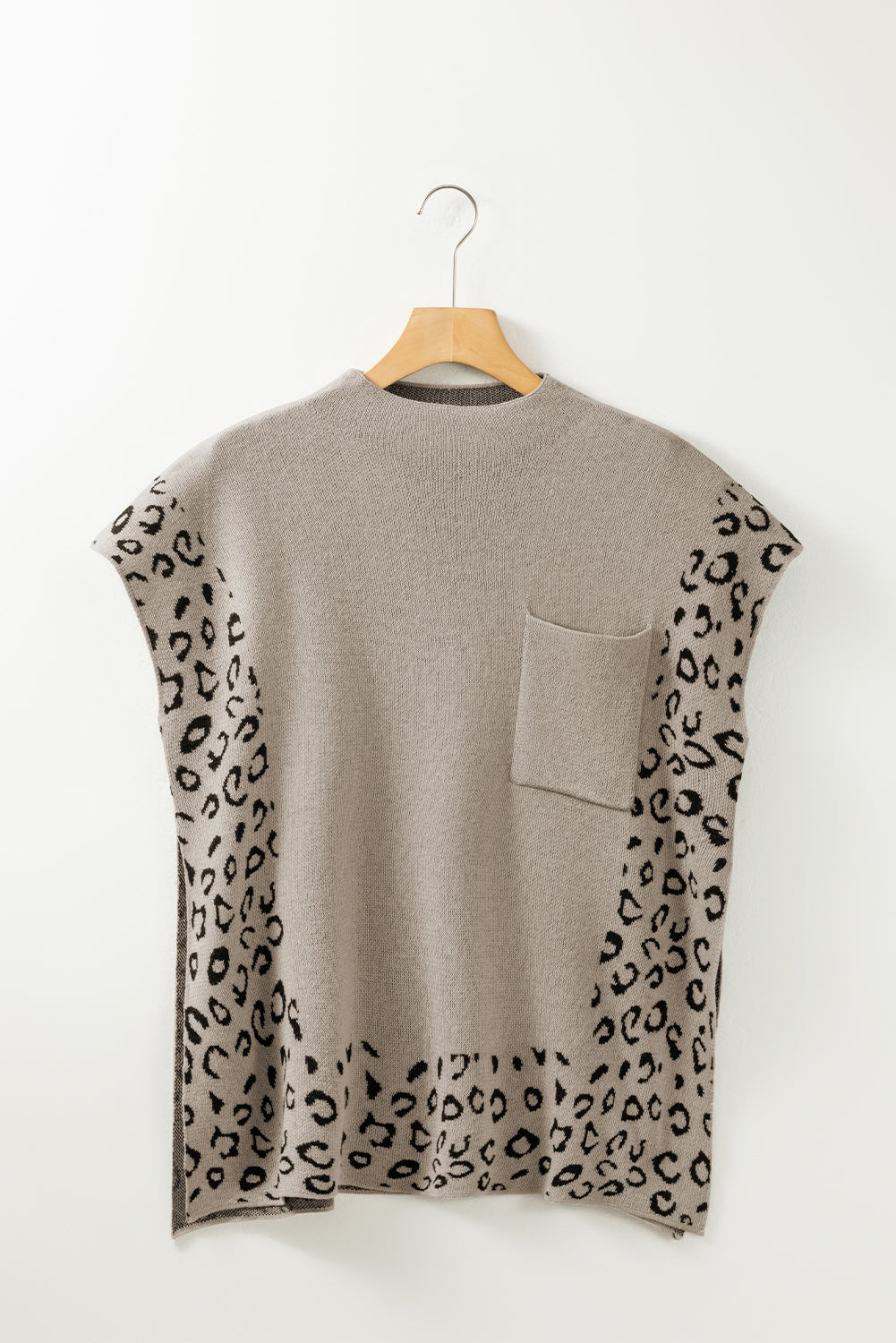 Smoke Gray Leopard Trim High Neck Short Sleeve Loose Sweater