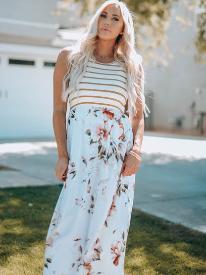 White Striped Floral Print Sleeveless Maxi Dress with Pocket