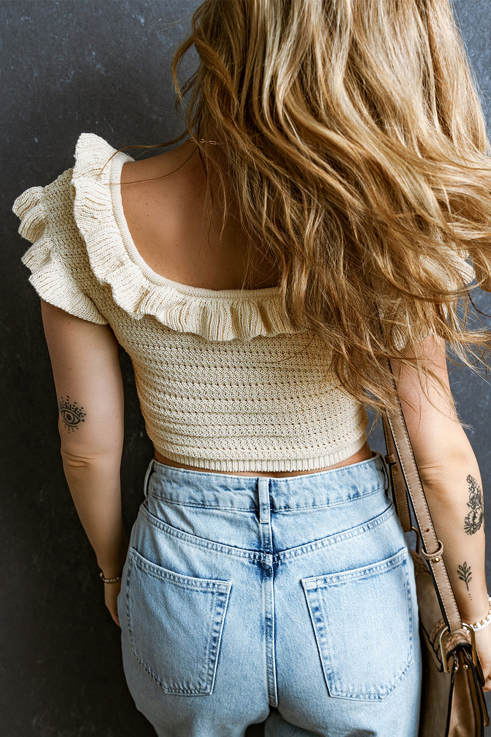 Beige Ruffled Neckline Knitted Short Sleeve Crop Top