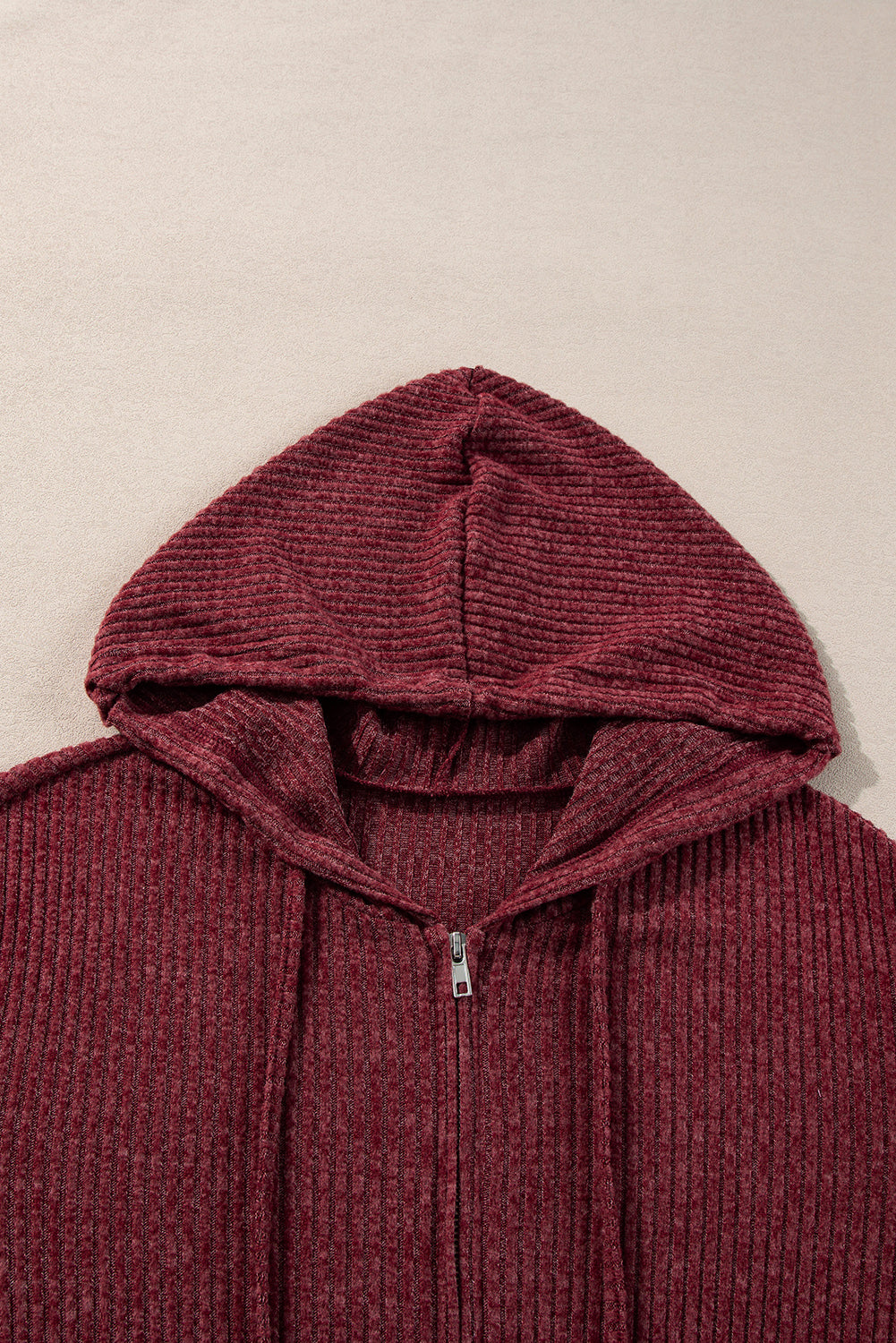 Red Dahlia Ribbed Zip Up Front Drawstring Hoodie