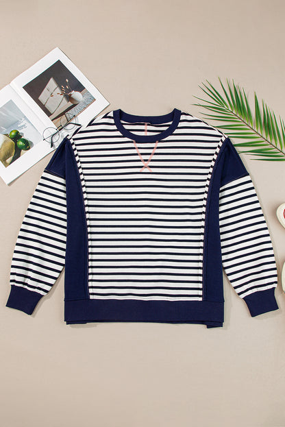 White Stripe Color Block Exposed Seam Loose Fit Sweatshirt