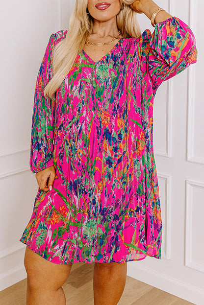 Rose Plus Size Abstract Floral Print Pleated Loose Dress