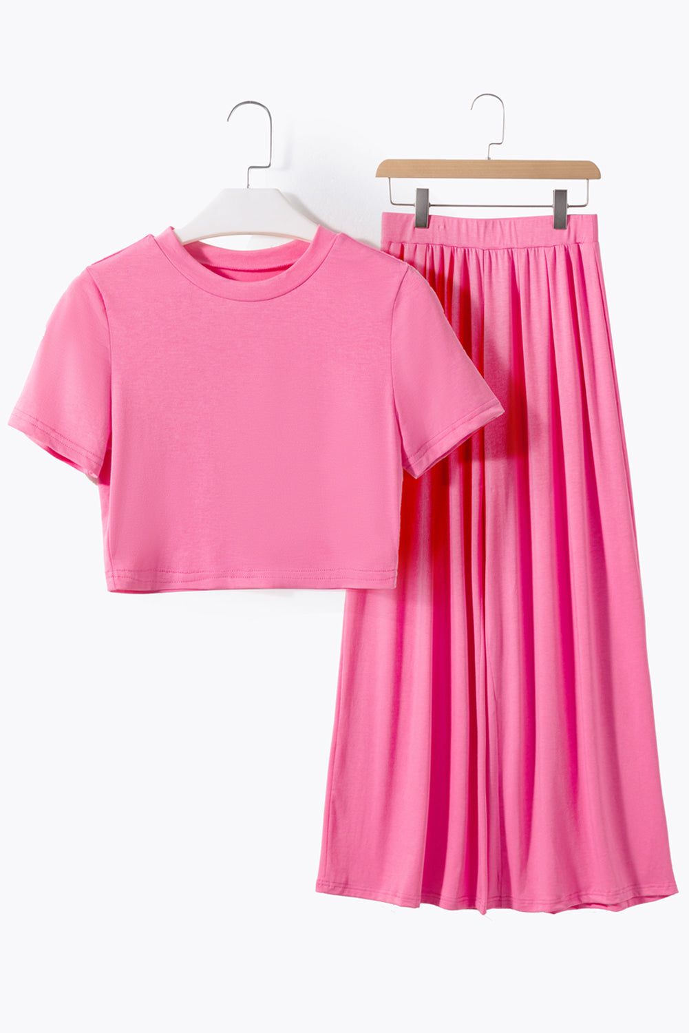 Strawberry Pink Slim Fit Crop Top and Pleated Wide Leg Pants Set