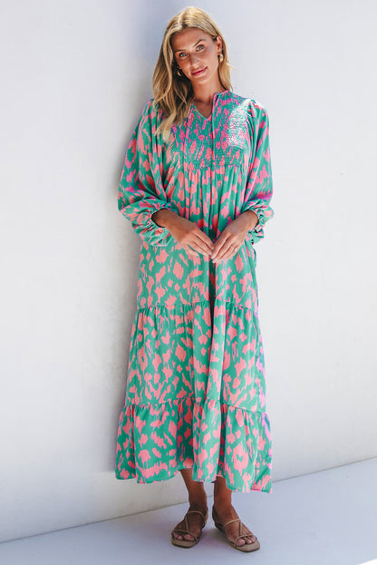 Green Abstract Print Puff Sleeve Long Dress