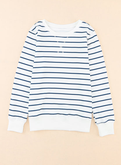 Striped Print Ribbed Trim Long Sleeve Top