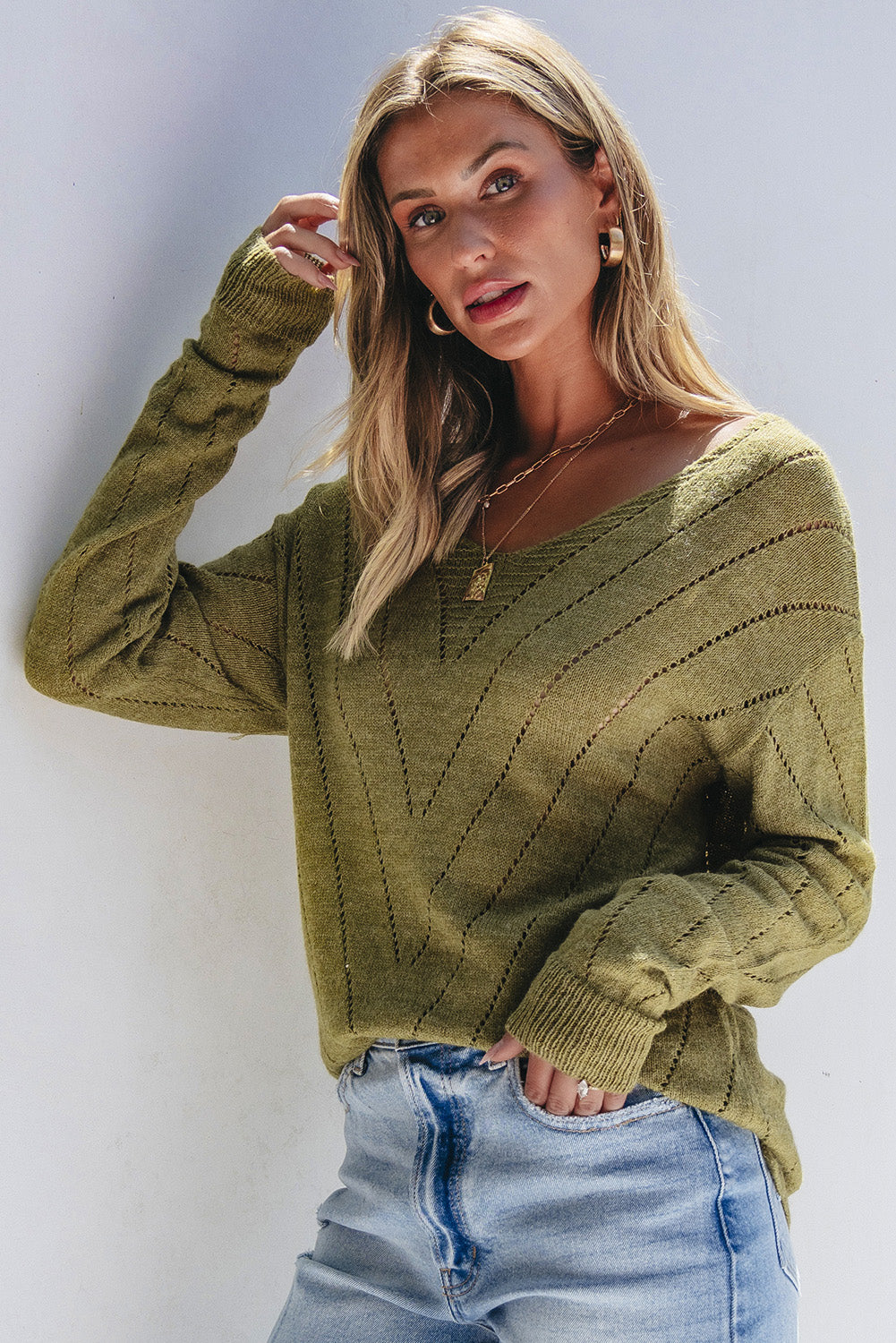 Sage Green Solid Eyelet Drop Shoulder V Neck Sweater