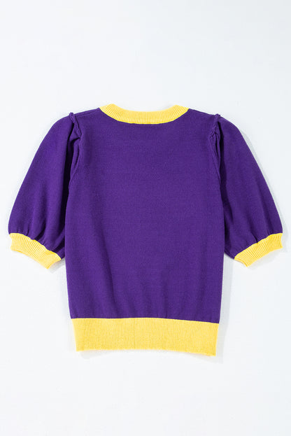 Purple Sequin Rugby Color Block Puff Short Sleeve Sweater