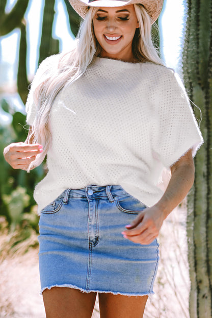 White Fuzzy Eyelet Knitted Sweater T-shirt