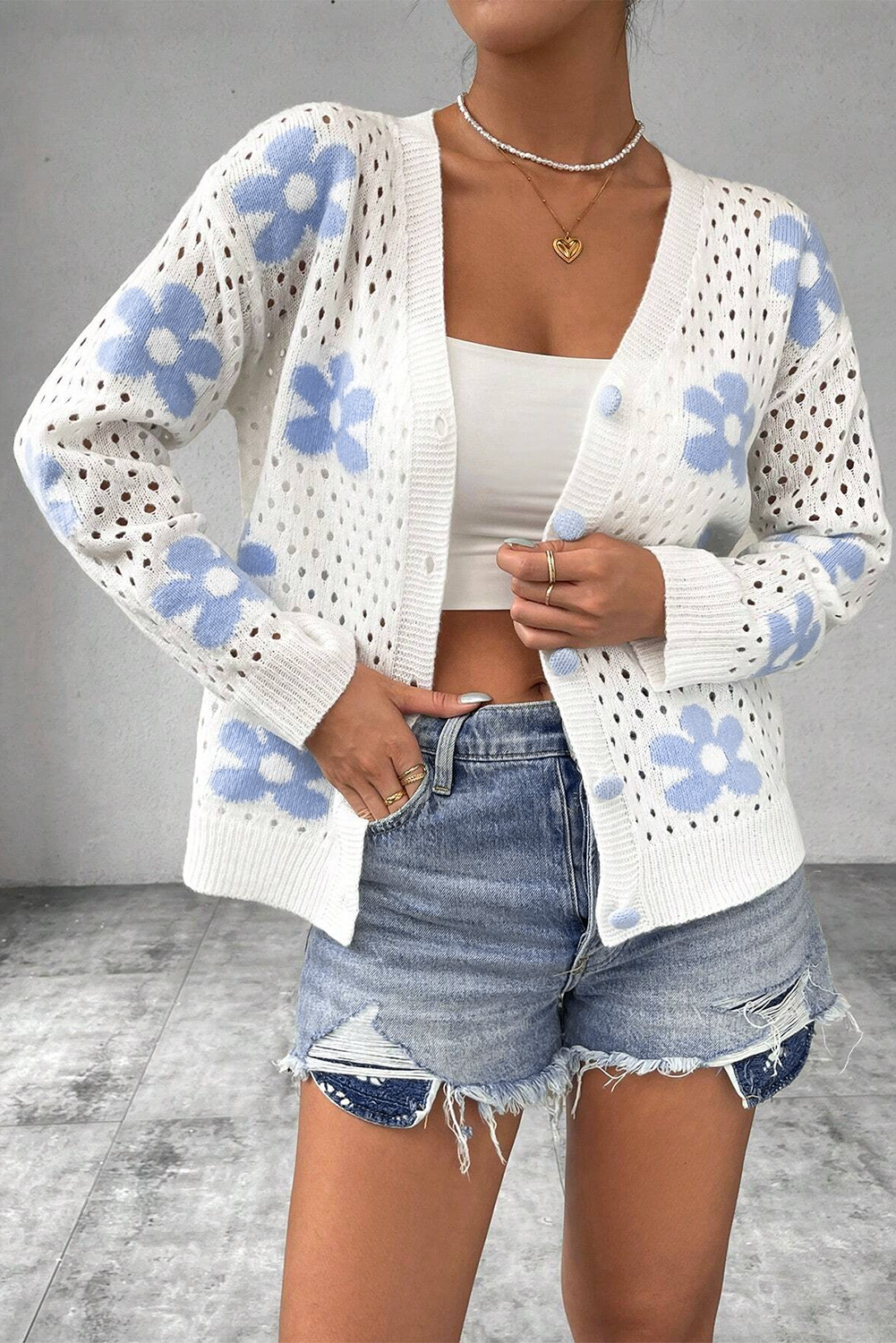 White Flower Knit Hollow Out Open Short Cardigan