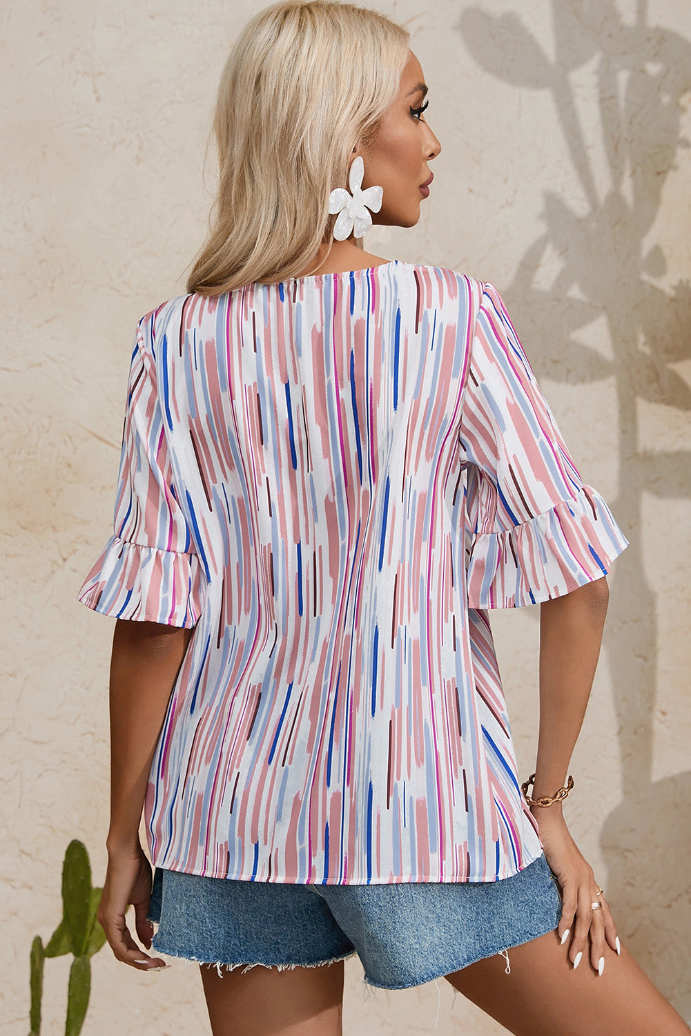 White Multicolor Striped Splash Half Sleeve Blouse