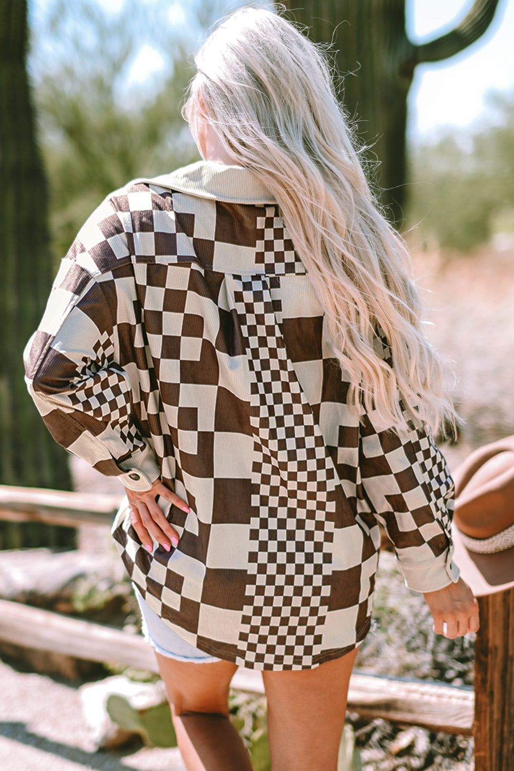 Brown Checkered Print Patchwork Corduroy Shacket