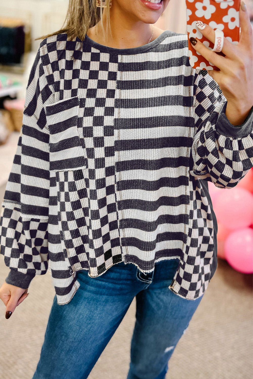 Dark Grey Checkerboard Striped Patchwork Lantern Sleeve Pocketed Blouse