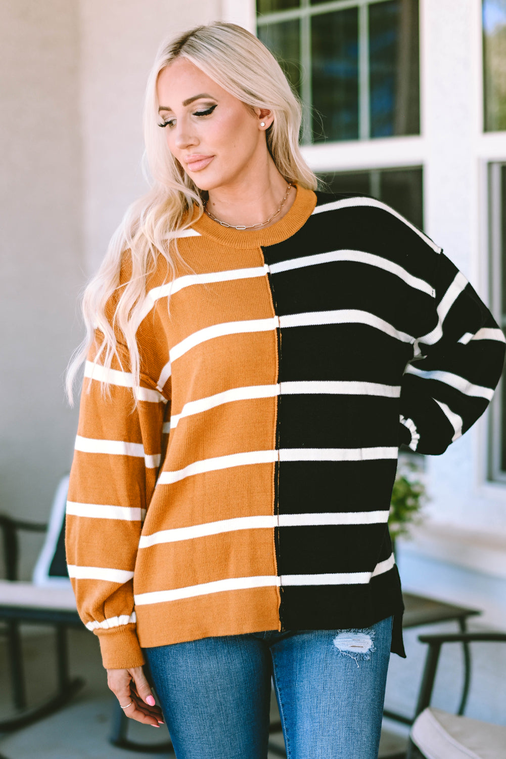 Stripe Oversized Contrast Printed Dropped Shoulder Top