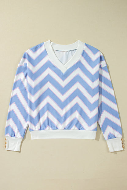 Sky Blue Zigzag Striped Print V Neck Oversized Top