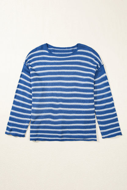 Sky Blue Stripe Drop Shoulder O Neck Plus Size Sweater