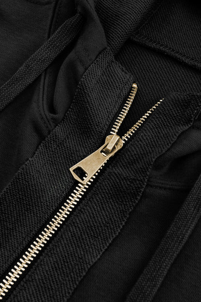 Black  Raw Edge Exposed Seam Full Zip Hoodie