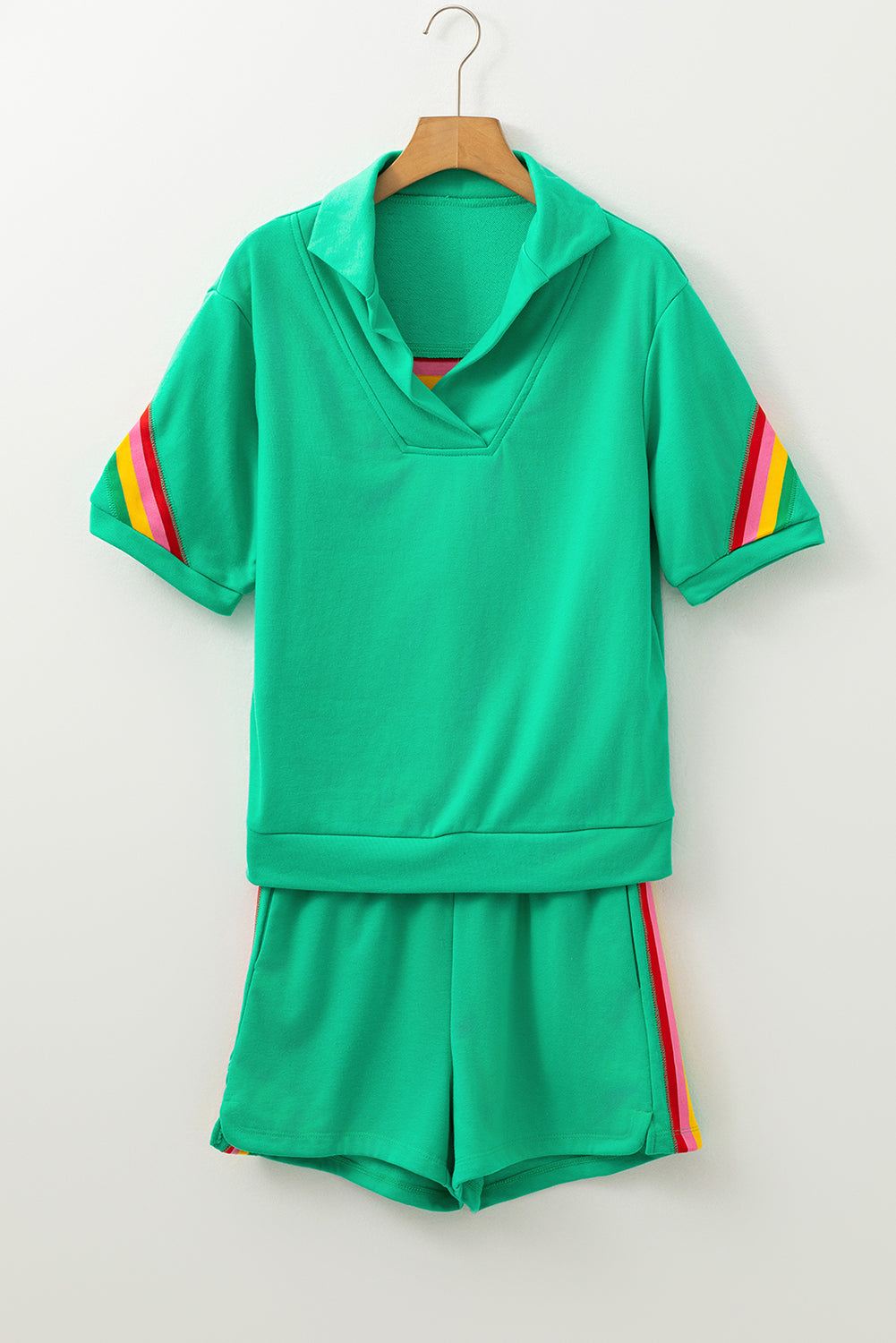 Sea Green Rainbow Colorblock Collared Short Sleeve Top 2 Piece Shorts Set