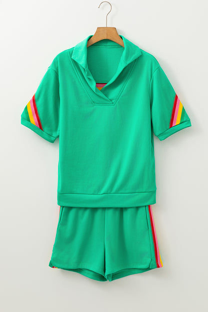 Sea Green Rainbow Colorblock Collared Short Sleeve Top 2 Piece Shorts Set