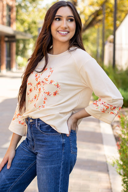 Beige Flower Patch Graphic Exposed Seam Wide Sleeve Top