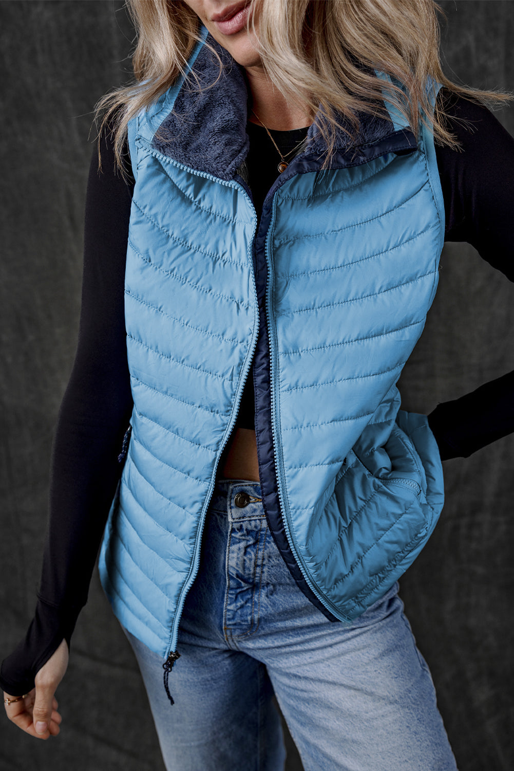 Sky Blue Plush Collared Quilted Zipped Puffer Vest