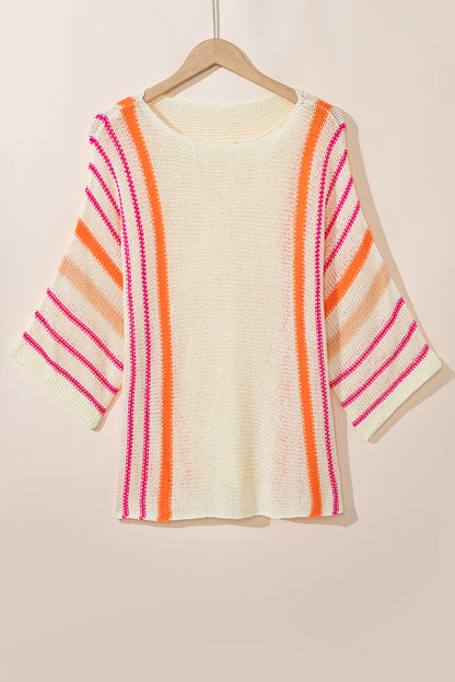 White Striped Detail Wide Sleeve Lightweight Knitted Sweater