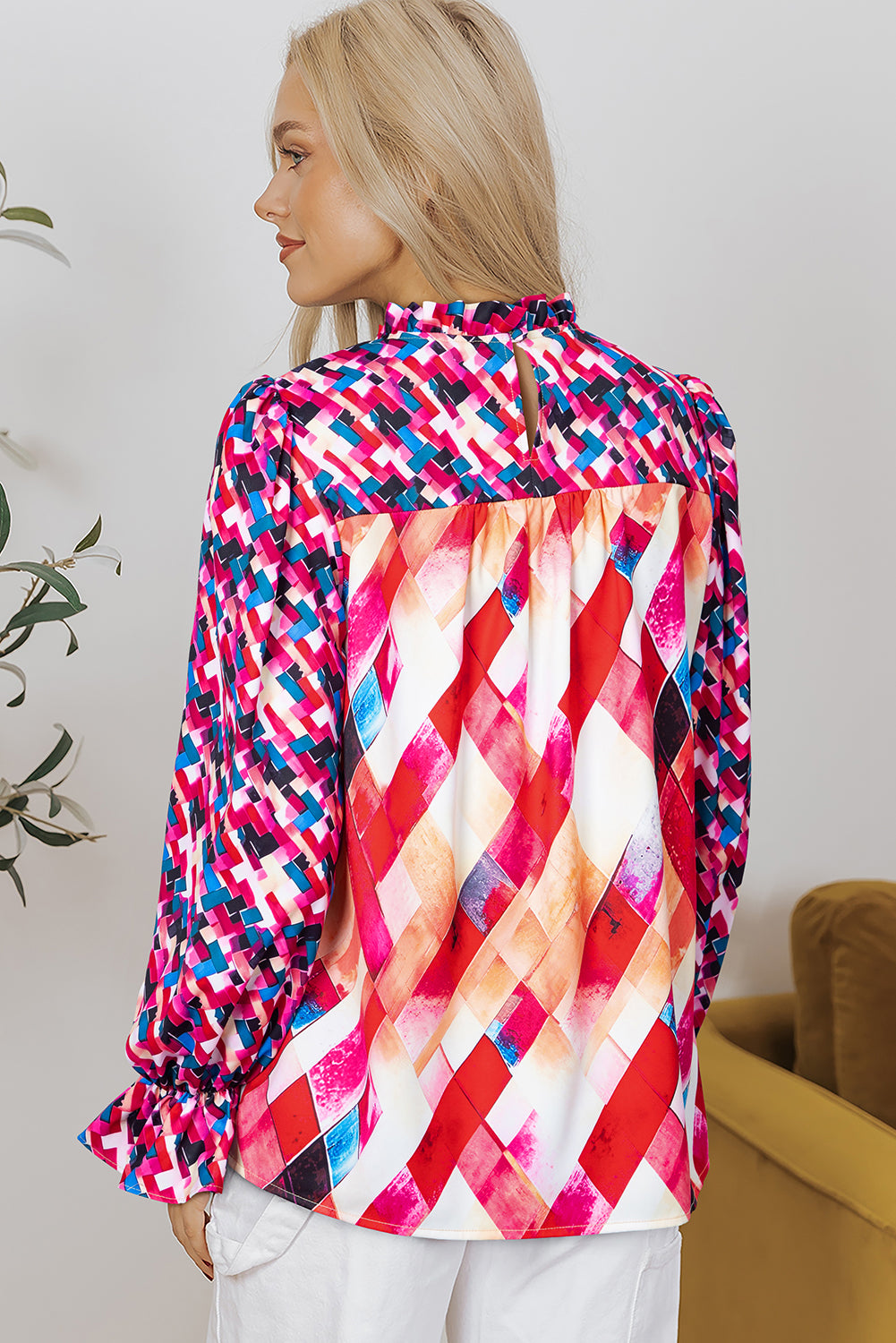 Rose Red Abstract Geometric Pattern Patchwork Puff Sleeve Blouse