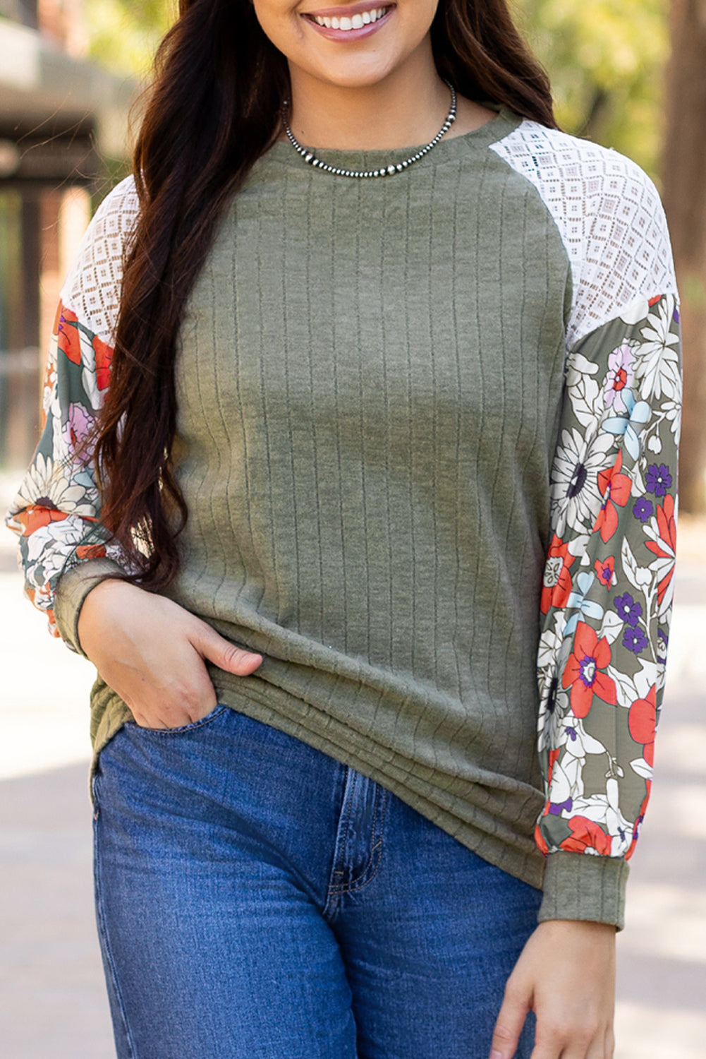 Laurel Green Floral Patchwork Long Sleeve Ribbed Blouse